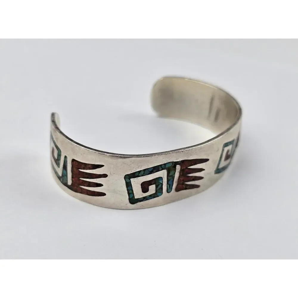 Navajo Sterling Silver Crushed Chip Turquoise & Coral Flush Cuff Bracelet 7.5